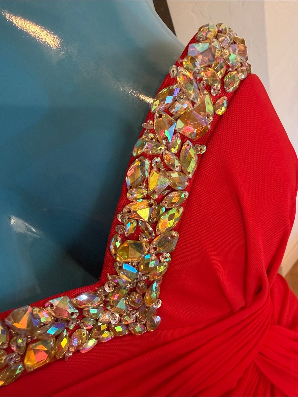 Authentic La Femme Red Strapless Gown with Sweatheart Neckline and Crossed Back - Picture 8 of 13